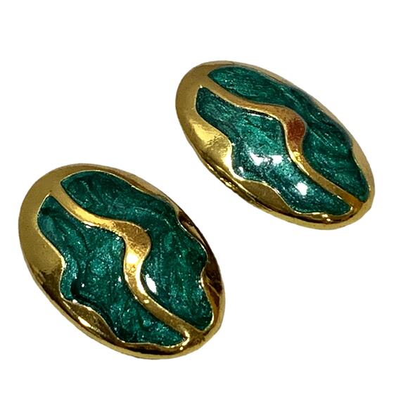 Vintage 80s Large Oval Gold & Green Enamel Swirl Clip Earrings | 1.5 x 1" - Picture 4 of 8